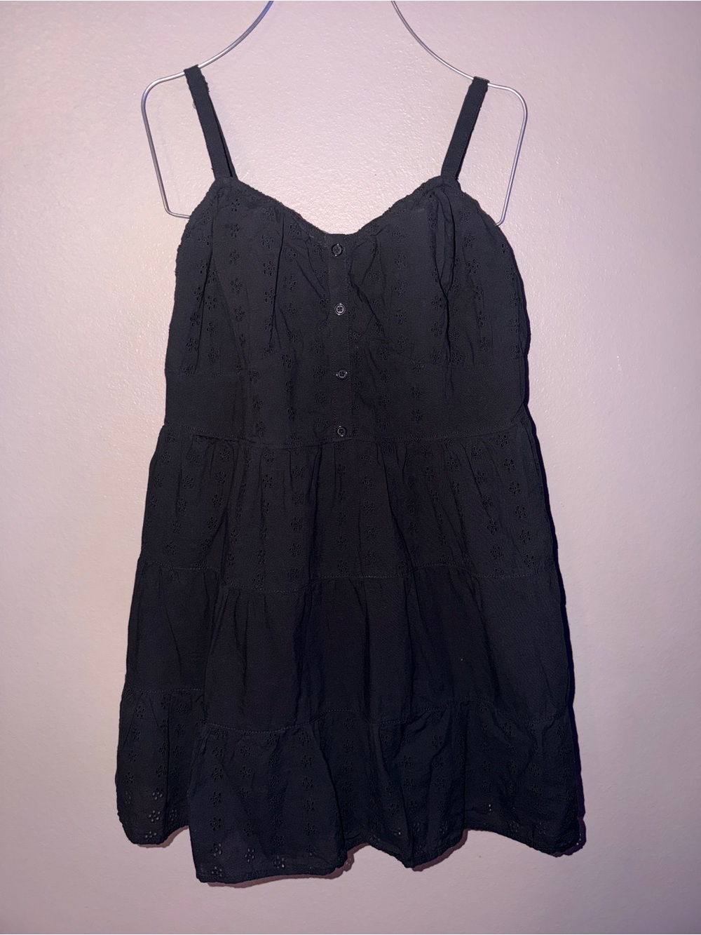 Ultra Flirt Black Eyelet Tiered Spaghetti Strap Mini Dress